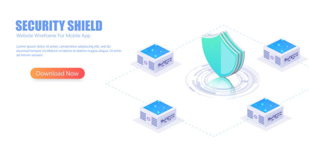 ilustraciones, imágenes clip art, dibujos animados e iconos de stock de ilustración 3d isométrico del servidor de escudo de seguridad de protección de datos - diagram computer network network server network security