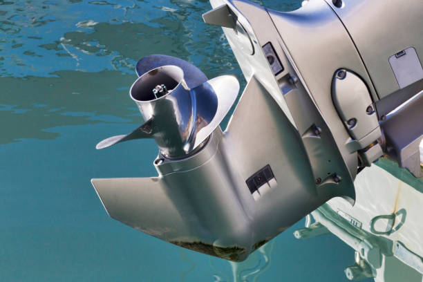 istock Foot aft of grey used outboard engine 1092083448