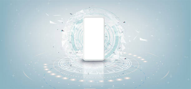 ilustrações, clipart, desenhos animados e ícones de maquete de smartphone branco realista com conceito futurista tecnologia - app background