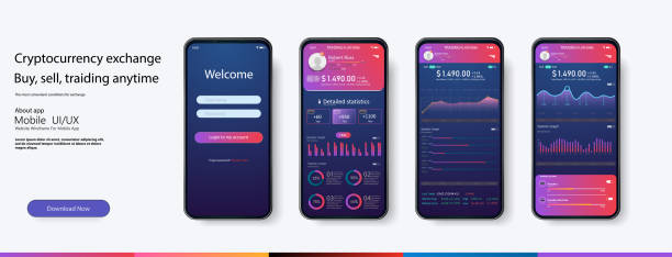 Mobile app infographic template with modern design weekly and annual statistics graphs. Pie charts, workflow, web design, UI elements. Vector EPS 10 Mobile app infographic template with modern design weekly and annual statistics graphs. Pie charts, workflow, web design, application mobile stock illustrations