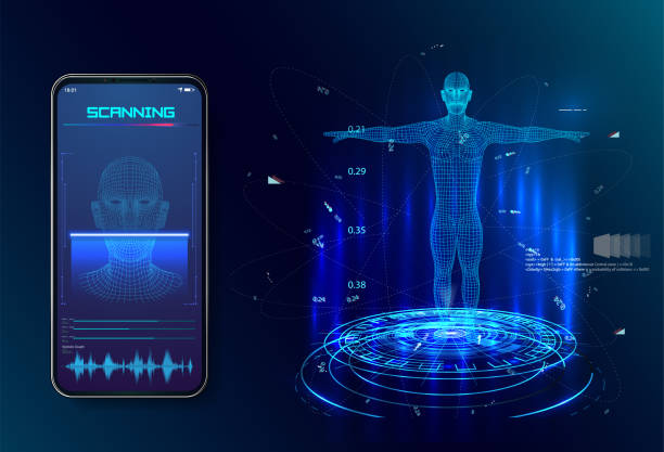 Robot. Artificial intelligence. Biometric identification or Facial recognition system concept. concept of biometric technolog Robot. Artificial intelligence. Biometric identification or Facial recognition system concept. concept of biometric technology, digital Face Scanning, human head combined with electronic board face scan stock illustrations