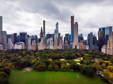 Central Park and Upper West Side skyline in New York City, USA.