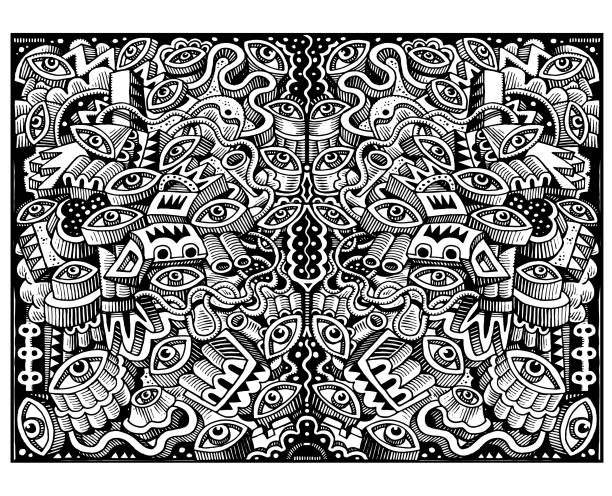 Great big doodle illustration A geometric or ethnic doodle featuring eyes in a geometric organic universe. Or something. psychedelic art stock illustrations