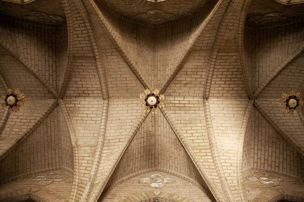 istock Simple church brick ceiling with lamps 1092092056