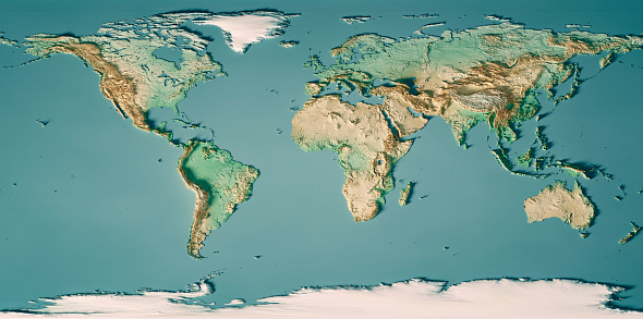Mundo mapa 3D Render Color de mapa topográfico photo