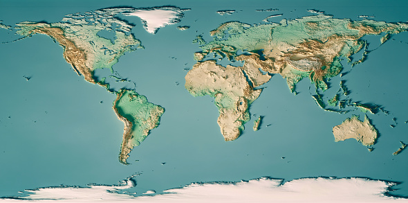 3D Render of a Topographic World Map.\nMade with Natural Earth. URL of source data: http://www.naturalearthdata.com\nRelief texture SRTM data courtesy of NASA. URL of source image: http://reverb.echo.nasa.gov\nThe source data is in the public domain.