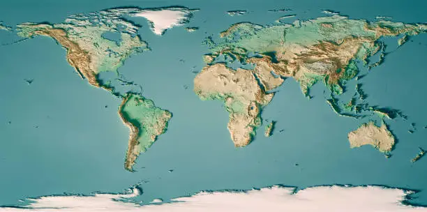 3D Render of a Topographic World Map.
Made with Natural Earth. URL of source data: http://www.naturalearthdata.com
Relief texture SRTM data courtesy of NASA. URL of source image: http://reverb.echo.nasa.gov
The source data is in the public domain.