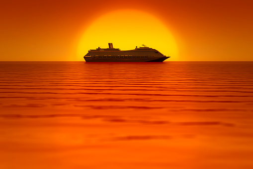 3d illustration of a cruise ship in front of the sunset sky