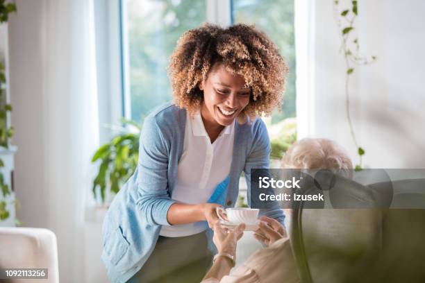 Home Caregiver Serving Tea To Senior Woman Stock Photo - Download Image Now - Community Outreach, Home Caregiver, Psychotherapy