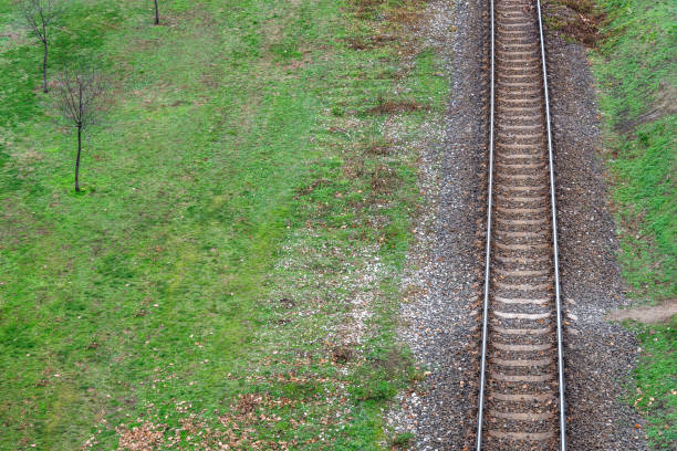 istock Railway track with green grass lawn view from above 1092115506