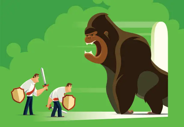 Vector illustration of two men defending angry gorilla