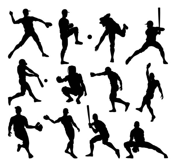 baseball-spieler-silhouetten - baseballs catching baseball catcher adult stock-grafiken, -clipart, -cartoons und -symbole