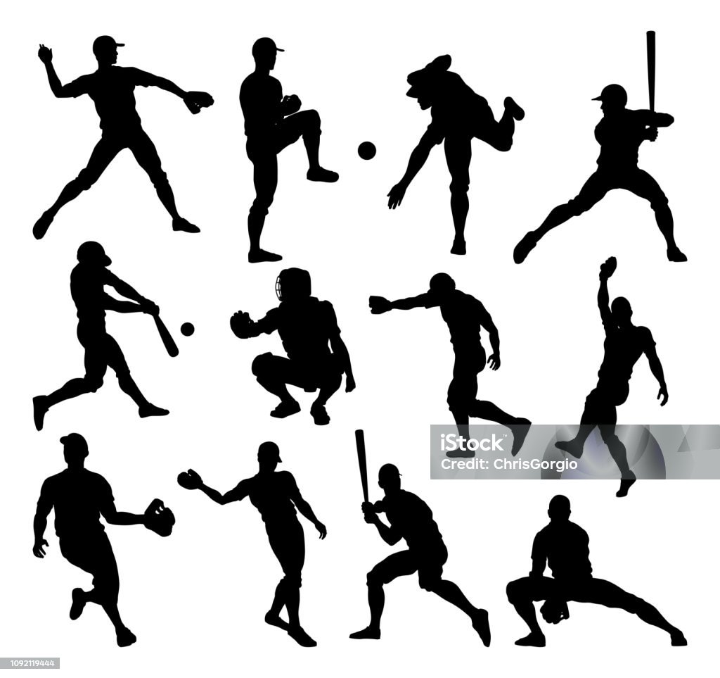 Baseball Player Silhouettes Baseball player detailed silhouettes sports set in lots of different poses In Silhouette stock vector