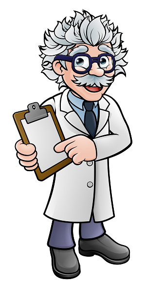 A cartoon scientist professor wearing lab white coat holding a clipboard and pointing at it