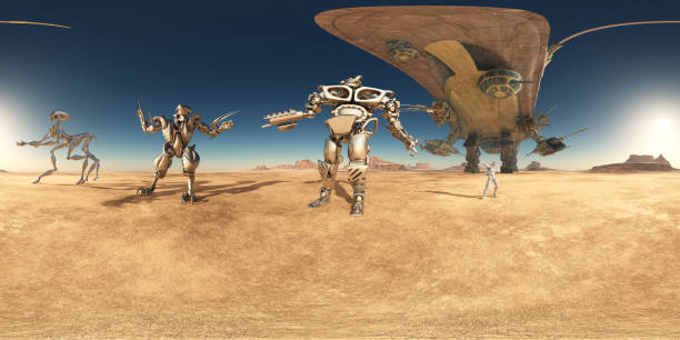 istock Spherical 360 degrees seamless panorama with robots and spaceship in a desert 1092120250