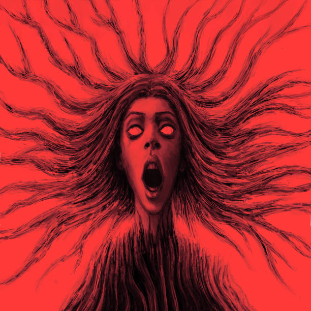 istock Goddess of chaos with flowing hair in front. Red background 1092122772