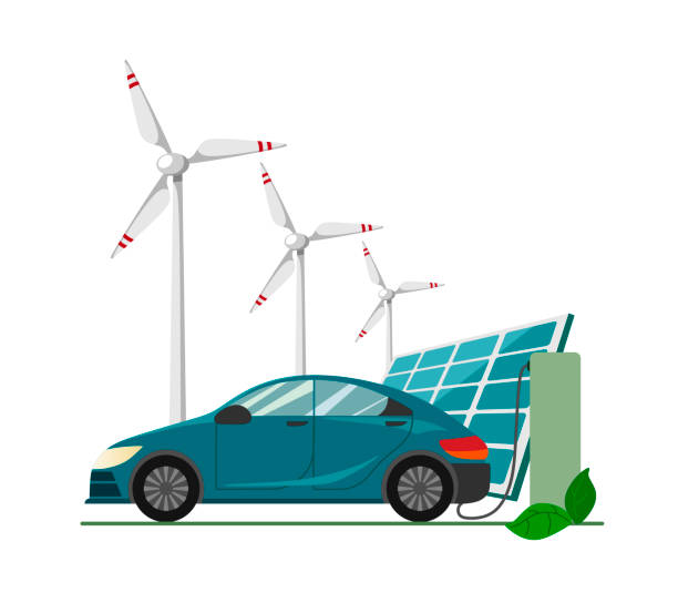 A blue electric car charging at the charger station against the background with wind turbines and solar panels . Electromobility e-motion concept.Flat vector illustration. A blue electric car charging at the charger station against the background with wind turbines and solar panels . Electromobility e-motion concept.Flat vector illustration. electric motor white background stock illustrations