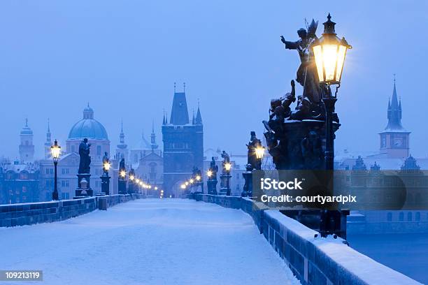 Prague Charles Bridge Stock Photo - Download Image Now - Prague, Snow, Architecture