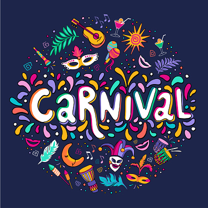 Vector Hand drawn Carnaval Lettering. Party, masquerade banner. poster, card, invitation. Happy Carnival Festive Concept. Carnival Title With Colorful Party Elements, confetti and brasil samba dancer