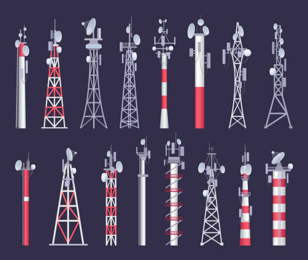 Wireless tower. Tv radio network communication satellite antena signal vector pictures Wireless tower. Tv radio network communication satellite antena signal vector pictures. Illustration of set radio tower and network transmission broadcasting radio borders stock illustrations