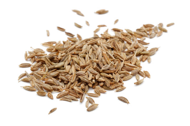 heap of cumin seeds on white background - caraway imagens e fotografias de stock