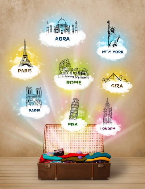 istock Tourist suitcase with famous landmarks around the world 1092143820