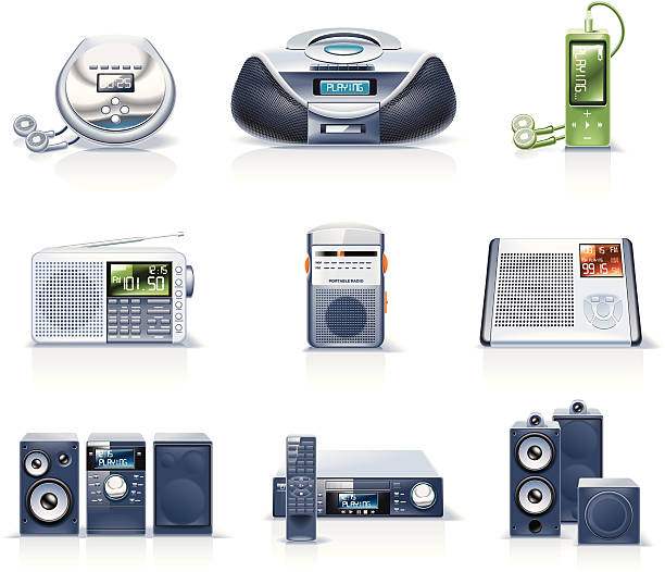 Electronics icons. Audio  personal compact disc player stock illustrations