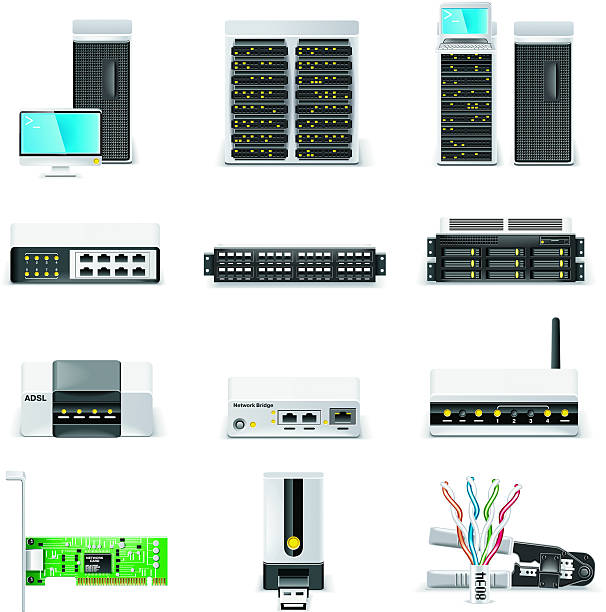 ilustraciones, imágenes clip art, dibujos animados e iconos de stock de conjunto de iconos de hardware de red - modem usb cable internet wireless technology