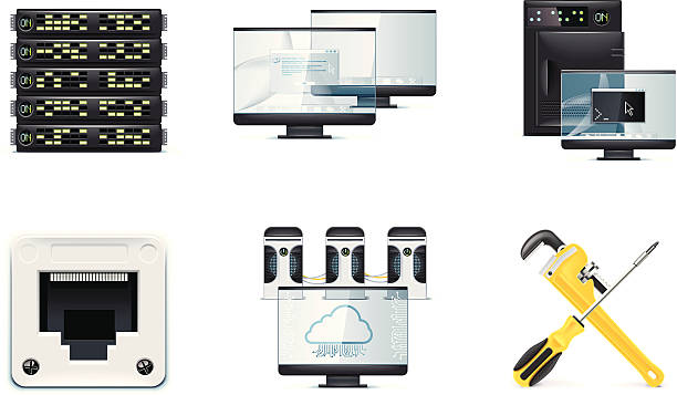 Different technology gadgets in an Set of the computer network devices related icons computer tower stock illustrations