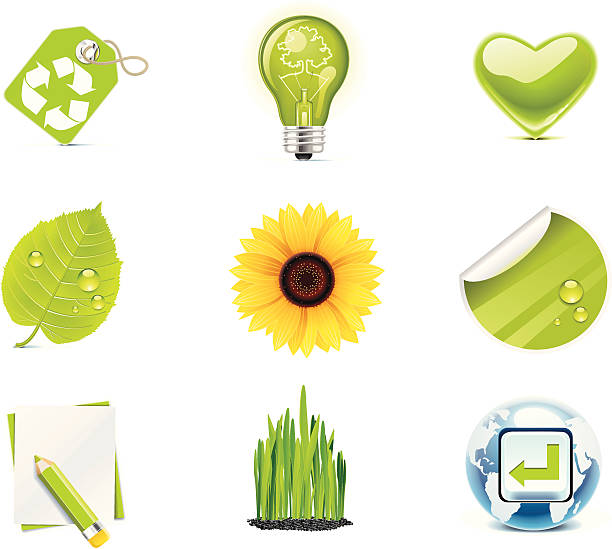 ekologia ikony zestaw - heart shape grass paper green stock illustrations