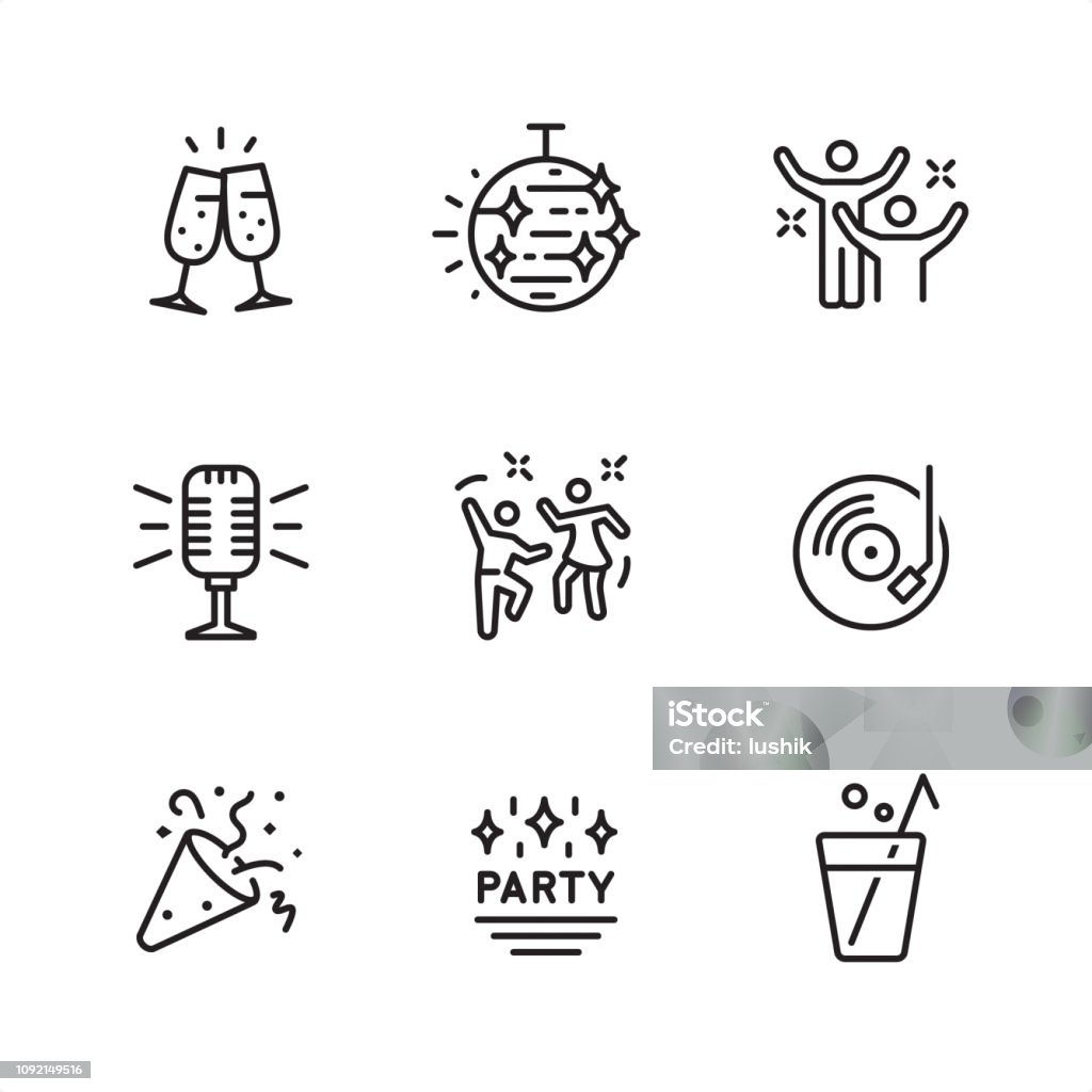 Disco PARTY - Pixel Perfect outline icons Disco PARTY theme related outline vector icon set.
9 Outline style black and white icons / Set #34

First row of outline icons contains: 
Cheers! (champagne glasses), Disco ball, Party people;

Second row contains: 
Microphone (karaoke), Dancing icon, Disco Party icon;

Third row contains: 
Party Popper (Confetti icon), Party label, Drinks.

Pixel Perfect Principle - all the icons are designed in 64x64 px grid, outline stroke 2 px. Complete Outline 3x3 PRO collection - https://www.istockphoto.com/collaboration/boards/hyo8kGplAEWxASfzDWET0Q Icon Symbol stock vector