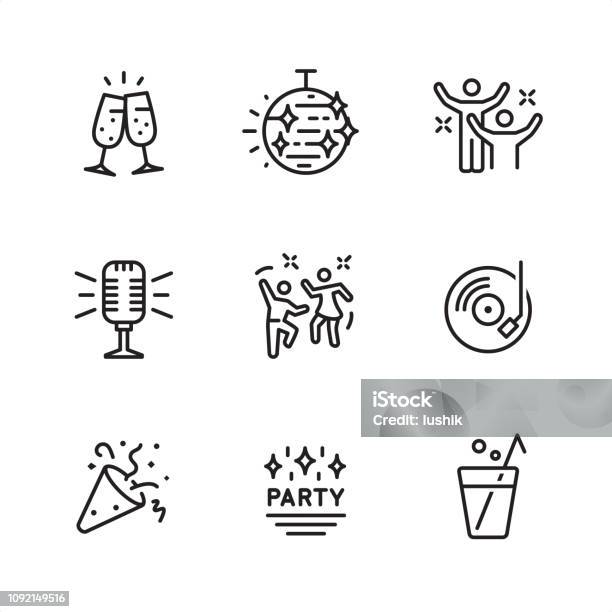 Disco Party Pixel Perfect Outline Icons Stock Illustration - Download Image Now - Icon Symbol, Dancing, Party - Social Event