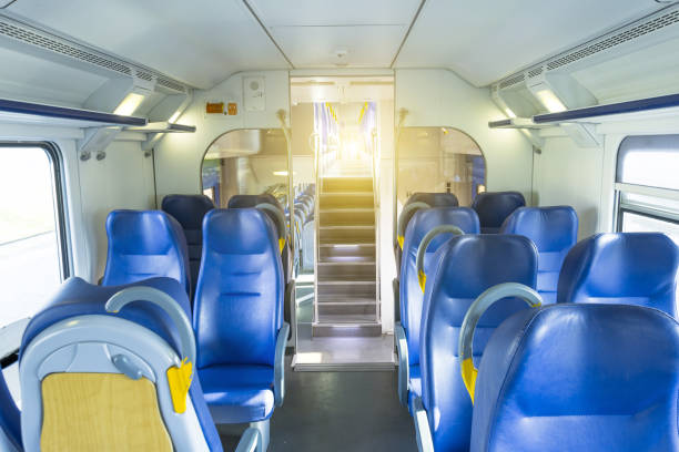 istock Salon inside of the speed commuter train with empty seats staircase to the second floor. 1092156552