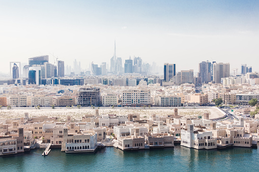 Scenic view on Dubai creek, skyscrapers of Dubai in the back. Image taken with Canon EOS 5 DS.
