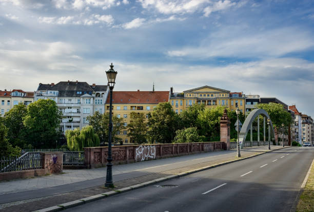 The "Lessingbrücke" ("Lessing Bridge") connects the Berlin districts "Hansaviertel" and "Moabit" stock photo