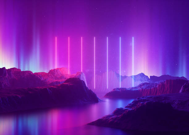 istock 3d render, abstract background, cosmic landscape, aurora borealis, pink blue neon light, virtual reality, energy source, glowing laser lines, space, ultraviolet spectrum, mountain rocks, ground 1092157944
