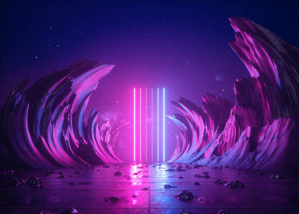 istock 3d render, abstract background, cosmic landscape, alien portal, pink blue neon light, virtual reality, energy source, glowing laser lines, dark space, ultraviolet spectrum, mountains, rocks, ground 1092158466