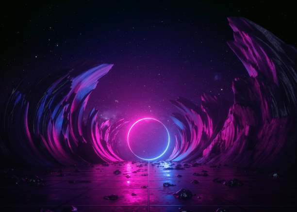 istock 3d render, abstract background, cosmic landscape, round portal, pink blue neon light, virtual reality, energy source, glowing round frame, dark space, ultraviolet spectrum, laser ring, rocks, ground 1092159032