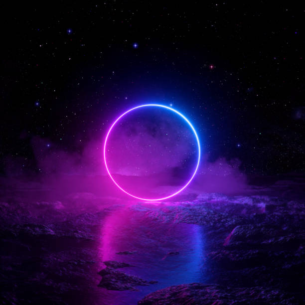 istock 3d render, abstract background, cosmic landscape, round portal, pink blue neon light, virtual reality, energy source, glowing round frame, dark space, ultraviolet spectrum, laser ring, fog, ground 1092159048