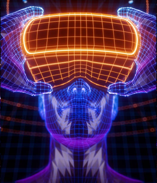 istock 3D render of virtual man holding virtual reality glasses surrounded by virtual data with neon orange lines and dots. Player begins the VR game. VR experience. 1092159100