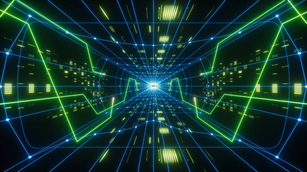 istock 3d render, colorful neon virtual reality tunnel, abstract geometric background. Virtual data with neon green blue lines and dots. Player begins the VR game. VR experience. 1092159116