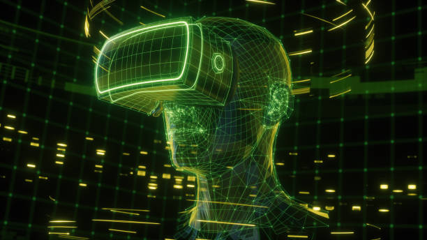 istock 3D render of virtual man wearing virtual reality glasses surrounded by virtual data with neon green lines and dots. Player begins the VR game. VR experience. 1092159138