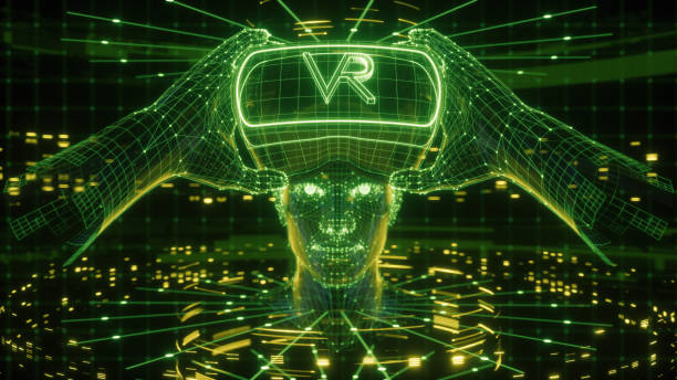 istock 3D render of virtual man holding virtual reality glasses surrounded by virtual data with neon green lines and dots. Player begins the VR game. VR experience. 1092159184
