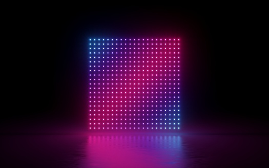 3d render, abstract background, square screen, pixels, neon lights, virtual reality, ultraviolet spectrum, pink blue vibrant colors, laser show fashion podium, isolated on black, floor reflection
