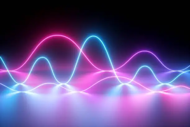 Photo of 3d render, neon light, laser show, impulse, chart, ultraviolet spectrum, pulse power lines, quantum energy, pink blue violet glowing dynamic line, abstract background, reflection