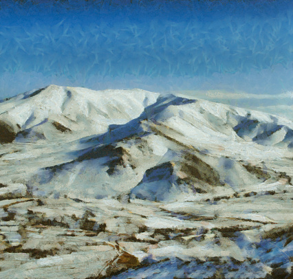 Painting of mountain and snow in winter.