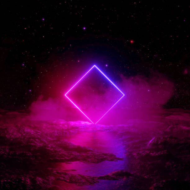 istock 3d render, abstract background, cosmic landscape, round portal, pink blue neon light, virtual reality, energy source, glowing rhombus frame, dark space, ultraviolet spectrum, laser square, fog, ground 1092159356