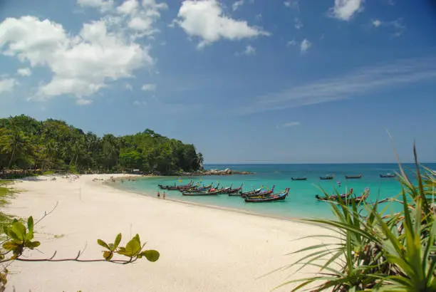 View of white sand tropical freedom beach bay in Phuket Thailand