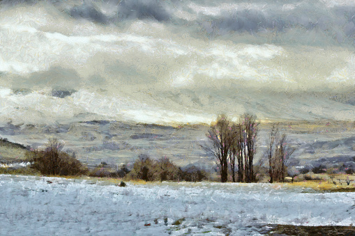 Painting of a snowy landscape in winter.