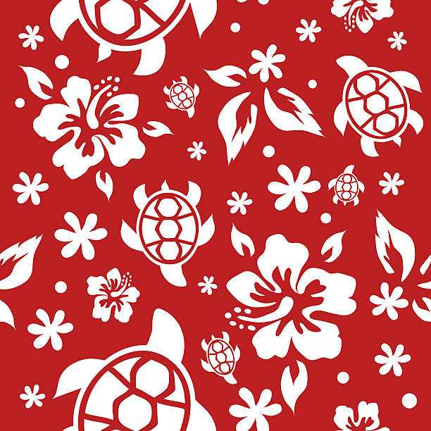 Red hibiscus and sea turtle vector art illustration